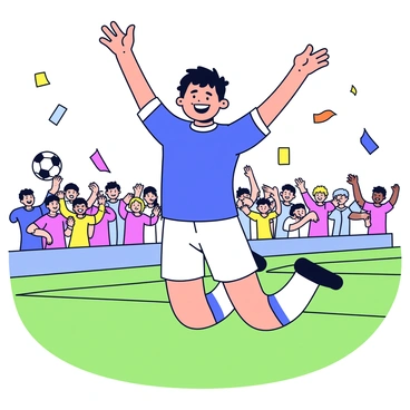 A soccer player wearing a blue jersey and white shorts is jumping in the air with arms raised in celebration after scoring a goal. The player has short dark hair and a big smile on their face. In the background, a green soccer field is visible with excited fans in the stands cheering. Some fans are waving flags, and colorful confetti is falling from above to enhance the festive atmosphere of the lively match.
