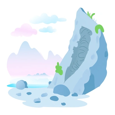 A dinosaur fossil is embedded high up in a steep cliff face. The fossil is partially exposed, revealing intricate bone structures and textures. The cliff face is rugged, with jagged rock formations and patches of moss growing in crevices. Below, a rocky terrain extends into the distance, with scattered boulders and sparse vegetation. The sky above is a gradient of pastel colors, transitioning from soft pinks to light blues, creating a tranquil backdrop for the scene.