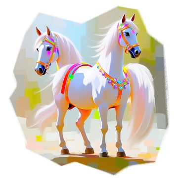 A fairy tale horse standing gracefully, with a coat that shines in a pearlescent hue. The horse is adorned with an array of colorful ribbons, flowing elegantly down its mane and tail, creating a vibrant display. Sparkling jewels are intricately embedded in a decorative harness, catching the light and adding a magical touch to its appearance. The setting includes lush greenery in the background, enhancing the enchanting atmosphere surrounding the horse.