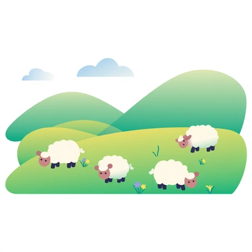 A flock of sheep with white wool is scattered across a lush, green plateau. The sheep are varying in size and are grazing on the vibrant grass. In the background, rolling hills stretch upward, covered in a rich carpet of greenery. A few scattered wildflowers in yellow and purple can be seen amongst the grass. The sky above is clear with soft, fluffy white clouds drifting lazily. The scene captures the tranquility of the sheep enjoying their meal in the natural landscape.