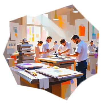 A bustling lithography workshop filled with artists diligently working on their projects. Several artists are at their desks, some sketching designs while others are transferring images onto stone plates. The room is filled with various tools, including ink rollers, hammers, and stone lithography presses. Large sheets of paper are stacked on nearby tables, and colorful prints hang on the walls, showcasing the artists' creations. Sunlight streams through the windows, illuminating the busy scene with a warm glow.