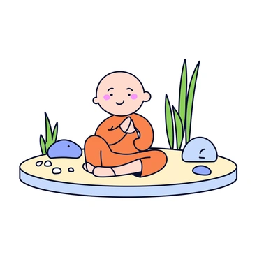 A 3D cartoon character with a large round head and big expressive eyes is sitting in a yoga pose on a smooth stone surface. The character has a serene smile and is wearing a simple orange outfit. Surrounding the character is a tranquil zen garden featuring neatly raked sand and several small pebbles. In the background, there are minimalist green bamboo plants and a few smooth stones carefully placed around. The overall scene conveys a sense of calmness and relaxation.