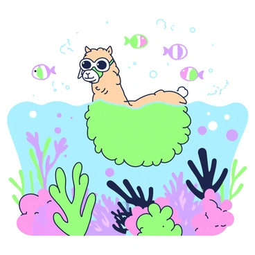 A llama wearing a snorkel is swimming in clear water above a vibrant coral reef. The llama has a light brown fur coat and is surrounded by various colorful fish swimming around it. The coral reef is teeming with various shapes of corals, some resembling fans and others in branching forms. The sunlight filters through the water, casting gentle beams onto this underwater scene, highlighting the llama's curious expression as it explores the aquatic environment.