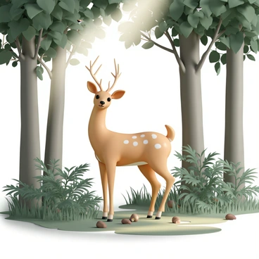 A graceful deer, with a light brown coat and white spots, is standing among tall green ferns and brown leaves on the forest floor. The deer has large, expressive eyes and delicate antlers, while its ears are perked up, indicating alertness. Surrounding the deer are tall trees with thick trunks and a canopy of lush green leaves filtering light down onto the scene. Sunlight creates soft patterns on the ground, highlighting the textures of the bark and the underbrush. In the background, hints of other wildlife, like a few birds perched on branches, can be seen. The overall composition captures the serene yet vibrant essence of the forest.