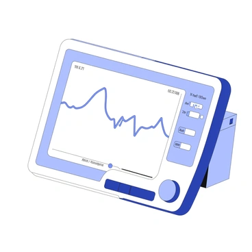 A heart monitor displays a cardiogram on its screen. The cardiogram features a clear, steady heartbeat line that moves smoothly across the display. There are numerical readings indicating heart rate and other vital signs next to the waveform. The monitor has a digital interface with buttons and dials, and it is positioned on a bedside table in a medical room.