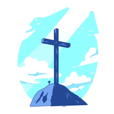 A cross is standing tall on a small hill, its surface textured and weathered. Beams of light are streaming down from above, filtering through fluffy white clouds that are scattered across a soft blue sky. The light creates a dramatic contrast, highlighting the edges of the cross while casting gentle shadows on the ground below. The scene evokes a sense of peace as nature frames the moment.