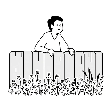 A neighbor with short hair wearing a light shirt is peeking over a wooden fence. He has an expression of concern as he looks down at a garden overflowing with wildflowers. The garden is dense with various types of flowers, their shapes and sizes varying throughout the scene. A few tall grasses can be seen swaying in the breeze. The fence is weathered and painted light gray, creating a stark contrast with the lush garden below.