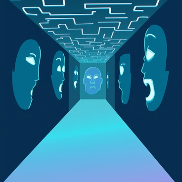 A dimly lit hallway with walls that are textured to resemble human faces with distinct features. The faces display various expressions, their mouths slightly open as if they are whispering secrets. Shadows play across the walls, enhancing the eerie atmosphere. The floor is smooth and reflective, capturing the faint light and the outlines of the faces. The ceiling is covered in subtle patterns that mimic the whispers, creating an immersive experience of sound and sight.