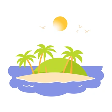 An isolated island surrounded by calm blue waters. The island features lush green palm trees and sandy beaches. Above, a solar eclipse casts a dramatic shadow over the scene, with the sun partially obscured by the moon. Soft light filters through the eclipse, creating a contrast of bright and dark areas across the island. Small waves gently lap against the shore, and a few seagulls can be seen flying in the distance.