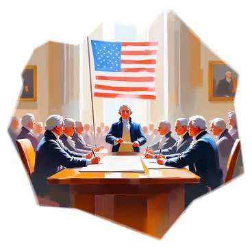 George Washington stands at a large wooden table in the center of Independence Hall, overseeing the signing of the U.S. Constitution. He is dressed in 18th-century formal attire, complete with a dark coat, white cravat, and knee breeches. Surrounding him are several founding fathers, including James Madison and Benjamin Franklin, who are engaged in conversation and signing documents. The room is filled with light coming through tall windows, and the walls are adorned with historical paintings. A large American flag hangs in the background, symbolizing the significance of the event. The atmosphere conveys a sense of determination and unity as the founding fathers embark on a monumental journey for the nation.
