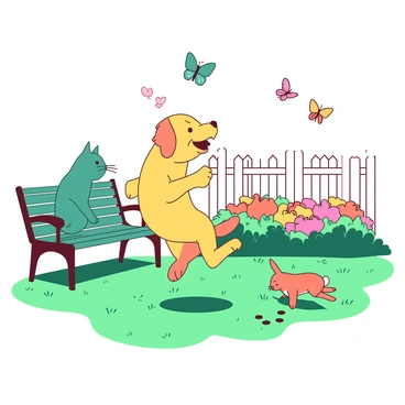 A variety of animals playing together in a backyard, illustrated in a charming comic strip.
