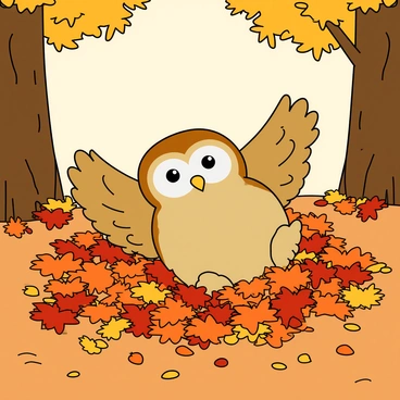 A cute baby owl with fluffy feathers and big round eyes is playfully rolling around in a colorful pile of autumn leaves. The leaves are in vibrant shades of orange, red, and yellow, creating a warm, inviting scene. The owl's wings are slightly spread as it tumbles, with a few leaves flying up around it. The ground is covered with a thick layer of leaves, and some are sticking to the owl's back. The sunlight filters through the trees, casting soft shadows on the ground.