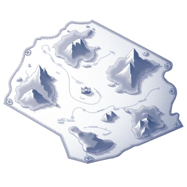 A hand-drawn map depicting a fantastical landscape. Imaginary territories are outlined with intricate borders, featuring various shapes of landmasses. The map includes several labeled regions with fictional names written in ornate lettering. Winding sea routes connect these lands, illustrated with dotted lines and small ship icons. There are markings for mountains, forests, and rivers, all rendered in detailed line work. Compasses and decorative cartographic elements adorn the corners, adding to the map's old-fashioned appearance.