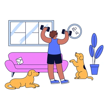 A person with short brown hair wearing a blue tank top and black shorts is performing lateral raises in a bright living room. The person is lifting two dumbbells with arms extended sideways, showing focus and determination. Nearby, a curious golden retriever is sitting on the floor, its head tilted slightly, watching the person intently. The room features a cozy couch and a few potted plants in the background. Natural light is streaming in from a window, highlighting the scene.