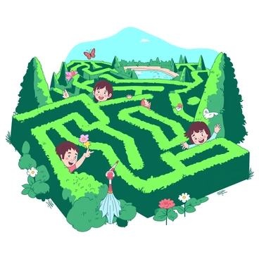 A group of children is exploring a large hedge maze filled with vibrant greenery. The hedges are tall and neatly trimmed, forming intricate pathways that twist and turn. Some children are peeking around corners with expressions of excitement, while others are pointing at various whimsical surprises hidden within the maze. There are colorful flowers blooming along the edges of the pathways, and a playful butterfly flutters above one child. In the distance, there is a small pond visible between the hedges, reflecting the blue sky. A whimsical gnome figurine stands beside a bush, adding to the charm of the scene.