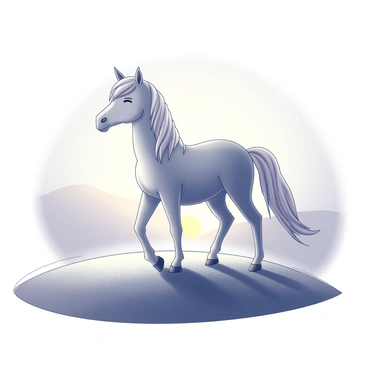 A pony standing on a hilltop. The pony has a flowing mane and tail, with its head held high and ears perked forward. The hilltop is gently sloping, covered with grass that sways slightly in the breeze. The background features a horizon where the sun is setting, creating a glowing outline around the pony. The sky is filled with a gradient of light transitioning into darkness. The overall scene conveys a sense of stillness and tranquility.
