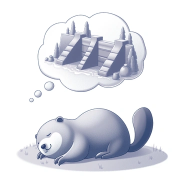 A beaver lying on its side on a soft bed of grass. Its body is fluffy and rounded, with the characteristic flat tail resting beside it. The beaver's eyes are closed, giving the impression of peaceful sleep. Above the beaver, a thought bubble emerges, depicting a giant dam. The dam is constructed entirely of chocolate, with various layers and textures visible. Surrounding the dam are whimsical details like chocolate trees and candy rocks. The overall scene conveys a tranquil atmosphere, emphasizing the beaver's serene slumber.