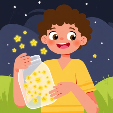 A child with curly brown hair is holding a glass jar filled with glowing fireflies. The jar is slightly open at the top, allowing some of the fireflies to float out into the warm evening air. The child's delighted face is illuminated by the soft yellow light of the fireflies, enhancing their bright smile and wide eyes filled with wonder. The background features a soft green grassy patch under a darkening sky sprinkled with twinkling stars.