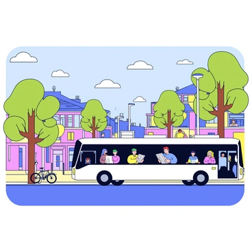 An electric bus with a sleek, modern design is filled with diverse early morning commuters. Inside the bus, men and women of various ages are seated and standing, some reading newspapers while others check their phones. Outside the bus, the city is beginning to wake up, with warm sunlight casting long shadows. The streets are lined with small shops starting to open, and trees with fresh green leaves sway gently in the morning breeze. A few pedestrians can be seen walking on the sidewalks, and a bicycle is parked near a lamppost. The sky is light blue with a few fluffy clouds.