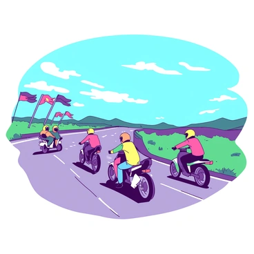 A group of motorcyclists in bright helmets are riding along an open highway under a clear blue sky. The wind is blowing, causing their colorful jackets to ripple as they maneuver their bikes. Along the side of the highway, several flags in vibrant colors are fluttering energetically in the breeze. The road stretches ahead, flanked by green grass and distant hills on either side. The motorcyclists maintain a steady speed, showcasing their determination against the windy conditions.