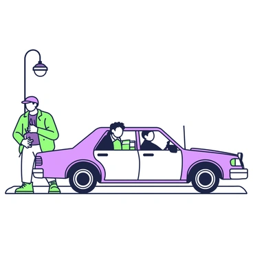 Two detectives are seated in an unmarked car parked discreetly on the side of a street. The driver has short hair and wears a dark jacket, while the passenger has a baseball cap and is focused on taking notes in a small notebook. The car's interior is cluttered with various items such as a coffee cup and a radio. Outside the car, a suspect can be seen standing on the sidewalk, checking his watch while glancing around nervously. A nearby streetlamp casts a shadow, enhancing the tension of the scene.