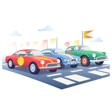 A lineup of vintage rally cars is positioned at the starting line, showcasing a variety of bright colors. The cars include a red sports car with yellow racing stripes, a blue coupe with white polka dots, and a green hatchback featuring orange accents. Each vehicle has distinctive retro designs and shiny chrome details. The asphalt of the starting line is marked with white paint, and there are flags waving in the background, enhancing the excitement of the race. Sunlight glimmers off the polished surfaces of the cars, creating a vibrant atmosphere.