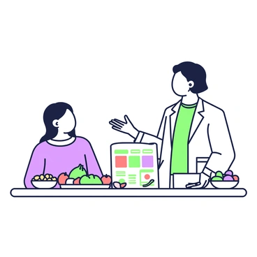 A nutritionist is standing at a table with a colorful assortment of healthy foods displayed. On the table, there are various fruits such as apples, bananas, and berries arranged attractively. Next to the fruits, there are bowls filled with nuts and seeds. The nutritionist is wearing a white lab coat over professional attire and has a friendly expression while explaining. In front of the client, there is a printed healthy eating plan that includes sections for fruits, vegetables, proteins, and grains. A notepad and pen are resting on the table for the client to take notes. The client is attentively looking at the nutritionist, engaged in the discussion.