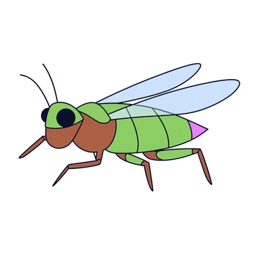 A locust illustrated using abstract geometric shapes. The body of the locust consists of overlapping triangles and rectangles in shades of green and brown. Its legs are represented by elongated thin rectangles, while its wings are formed by large, translucent triangles. The eyes of the locust are depicted as bold circular shapes, giving it a stylized appearance. The background is a simple gradient that complements the colors of the locust.