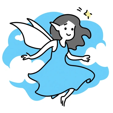 An elf, with pointed ears and delicate facial features, is soaring through the clouds. The elf has long, flowing hair that billows in the wind. She is wearing a simple yet elegant light blue gown that dances around her as she moves. Her pair of elegant, translucent wings, resembling those of a butterfly, catch the sunlight, reflecting soft pastel colors. The background consists of fluffy, white clouds scattered across a bright blue sky.