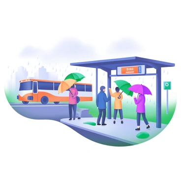 A modern pastel illustration of a bus stop on a rainy day. Several commuters are standing under the shelter, each holding colorful umbrellas. Some commuters wear raincoats, while others have their hoods up. The background features gray skies with raindrops falling and puddles forming on the ground. A bus can be seen approaching in the distance. The setting includes a digital display showing bus arrival times.