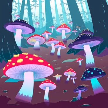 A forest floor densely populated with various types of mushrooms. There are brightly colored mushrooms with vibrant reds, yellows, and purples scattered throughout. Some mushrooms have unique patterns and textures, while others exhibit signs of toxicity, displaying dark or unusual colors. The ground is a mix of rich brown soil, scattered leaves, and small twigs, creating a natural, earthy backdrop for the mushrooms. Sunlight filters through the canopy above, casting dappled light across the scene, highlighting the diversity of the fungi.