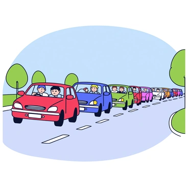 A line of cars in a traffic jam stretches across the scene. Each car is a different color, including red, blue, and green, with various models represented. Visible in the front car is a driver with a bored expression, their head resting on the steering wheel. The next car shows a driver staring blankly ahead, while a third driver glances at their watch. The background features a road lined with green trees, and a clear blue sky above.