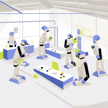 A factory floor with a shiny gray surface and high ceilings. Several robots with metallic bodies are positioned throughout the space, actively assembling various products. Some robots have articulated robotic arms reaching out to grab parts, while others are tightening screws and welding components. Sparks are generated occasionally from the welding process, illuminating the area with brief flashes of light. Bright overhead lights cast a clean glow over the entire scene, and various parts and tools are scattered across workstations nearby.