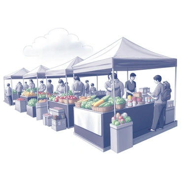 An outdoor farmer's market scene filled with various stalls. Each stall is laden with an array of fresh produce like fruits and vegetables, showcasing a vibrant selection of items. There are baskets overflowing with ripe tomatoes, leafy greens, and bright yellow corn. Other stalls display local goods, including homemade jams, artisanal bread, and handmade crafts. Shoppers are interacting with vendors, examining the fresh items, and engaging in conversation. The setting features a bright sky overhead, with a few scattered clouds, creating an inviting atmosphere for the market.