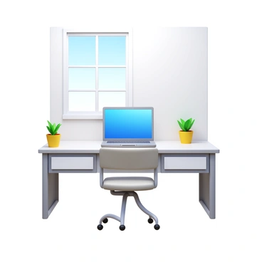 A minimalist workspace featuring a clear desk with a smooth surface. The desk holds an open laptop displaying a simple home screen. There is a single small potted plant next to the laptop, adding a touch of greenery. The workspace is illuminated by natural light coming through a nearby window. The walls are painted in a light color, contributing to the spacious feel of the room. A comfortable chair is positioned at the desk, complementing the overall minimalistic design.