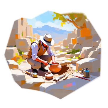 An archaeologist with medium skin, wearing a wide-brimmed hat and a rugged vest, is carefully uncovering artifacts at an ancient ruin site. The archaeologist is kneeling on the ground, using a trowel to gently excavate soil around a partially exposed clay pot. Surrounding them are crumbling stone walls and remnants of ancient structures, overgrown with moss and small plants. The sunlight filters through the trees, casting dappled light on the scene, highlighting various tools and brushes scattered around the site. In the background, a distant mountain range is visible under a clear blue sky.