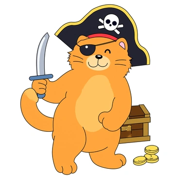A fluffy orange cat wearing a black pirate hat with a skull and crossbones logo. The cat has a shiny eye patch covering its left eye. It is standing on its hind legs, holding a tiny silver sword in its right paw. The cat's tail is curled playfully behind it, and it has a confident expression on its face. The scene is bright and colorful, with hints of a treasure chest nearby and gold coins scattered around it.