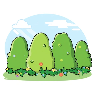 Lush green bushes with vibrant leaves swaying gently in a soft breeze. The bushes have various shapes and sizes, some round and others tall and narrow. Sunlight filters through the leaves, creating patterns of light and shadow on the ground. A few colorful flowers peek out from among the bushes, adding splashes of color to the scene. The sky above is clear with a few fluffy white clouds drifting by.