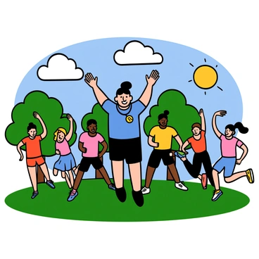 A trainer with light skin and short black hair is energetically encouraging a group of participants in a park. The trainer is wearing a bright blue athletic shirt and black shorts, with a whistle around their neck. The participants, a diverse group of men and women, are engaged in various fitness activities such as running, jumping, and stretching. Trees and green grass surround them, and the sun is shining brightly in the clear blue sky, creating a lively and motivating atmosphere for the fitness challenge.
