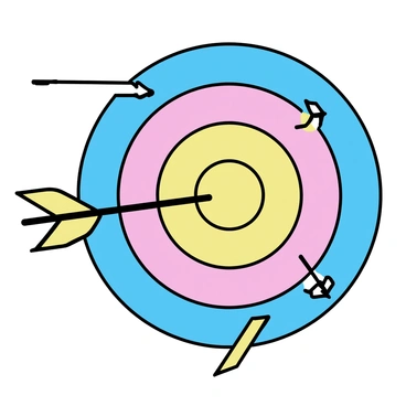 A close-up of arrows hitting a target with concentric circles