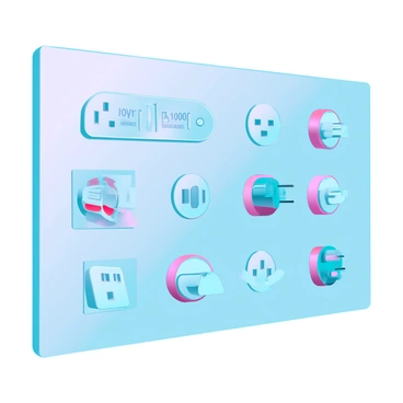 A wall featuring a diverse arrangement of international power sockets and plugs. The sockets are intricately designed, showcasing different shapes and sizes, with some having three rectangular prongs, while others feature round or flat pins. Each socket is labeled with a different country code, indicating its origin. The wall is painted in a neutral color, providing a clean backdrop that highlights the variety of the plugs and sockets. The scene includes several colorful plugs inserted into their respective sockets, representing various global standards.