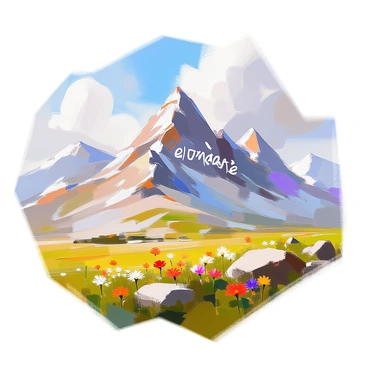 A mountain range with several distinct peaks rising majestically against the sky. Each peak is shaped to form a specific vocabulary word, clearly visible and defined. The first peak spells the word "elevate," while the second forms the word "ascend." Below the mountains, a lush green valley stretches, dotted with wildflowers in bright colors. The sky above is filled with soft, fluffy clouds, adding depth to the scene. The mountains are characterized by rocky textures, and the sunlight casts gentle shadows across their surfaces.
