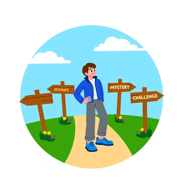 A character with short brown hair wearing a blue jacket stands at a crossroads. The character has a puzzled expression, with raised eyebrows and a slightly open mouth. Surrounding the character are four wooden signposts, each displaying arrows pointing in different directions. Each arrow is labeled with a word: "Adventure," "Home," "Mystery," and "Challenge." The scene is set on a grassy path, with colorful flowers blooming at the edges. The sky above is bright, with fluffy white clouds scattered throughout.