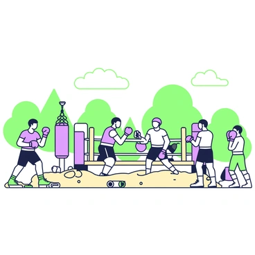 A scenic outdoor boxing camp is set up under the open sky. In the center, there is a boxing ring surrounded by a wooden fence. Several boxers are training, wearing headgear and gloves, actively sparring with each other. To the left, a trainer is demonstrating a technique to a group of attentive boxers. There are punching bags hanging from sturdy frames, with some boxers practicing their punches. In the background, trees line the perimeter of the camp, and the clear sky stretches overhead. The ground is sandy, with scattered training equipment such as jump ropes and water bottles.