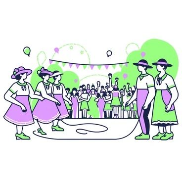 A vibrant plaza filled with participants wearing traditional costumes. On the left, a group of individuals in colorful clothing is energetically jumping rope. The costumes feature intricate patterns and flowing fabrics. Some participants wear wide-brimmed hats adorned with floral designs. In the background, festive decorations such as banners and balloons hang from nearby trees. The plaza is crowded with spectators watching the joyful activity, and a lively atmosphere is evident in their expressions.