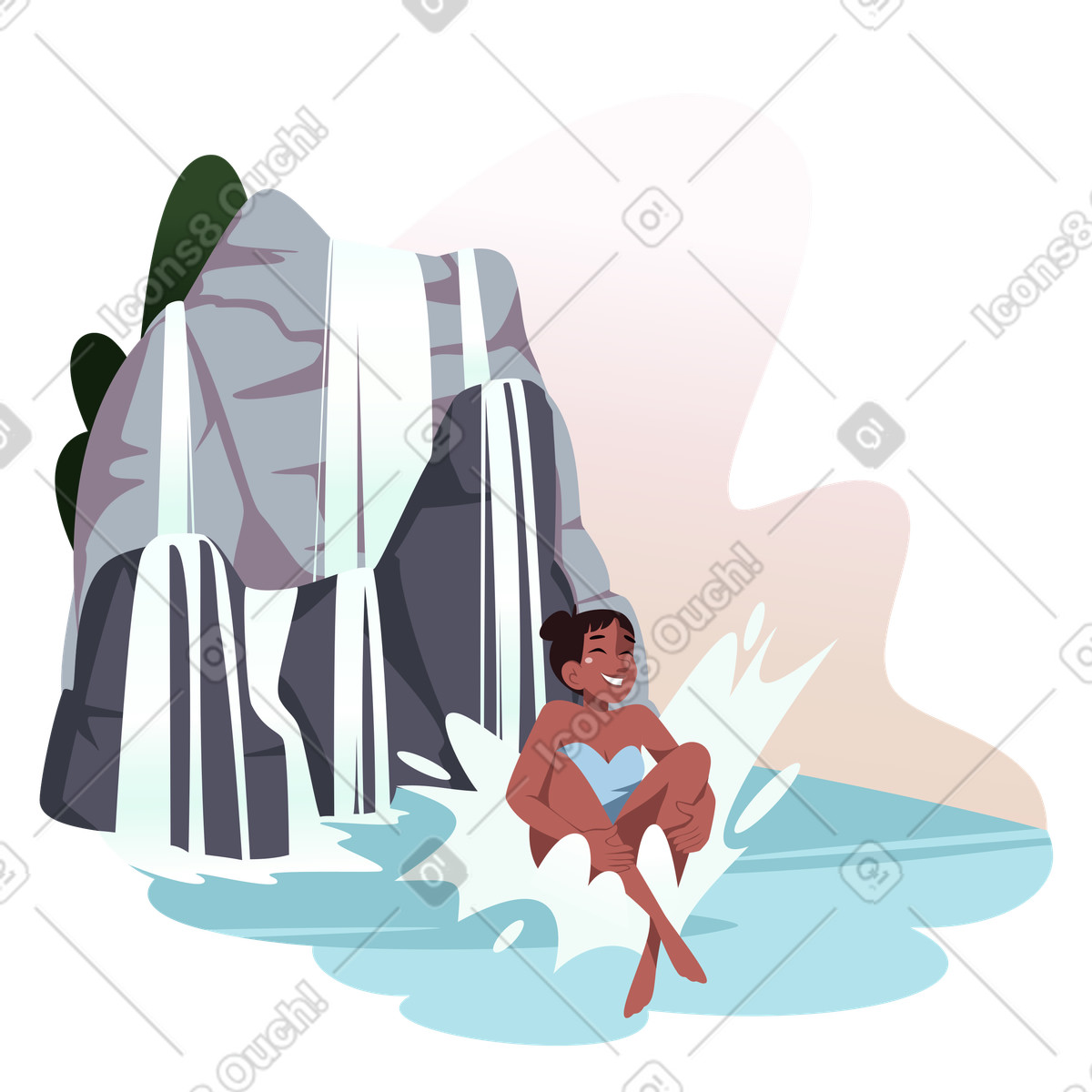 Girl jumping into the waterfall illustration in PNG, SVG