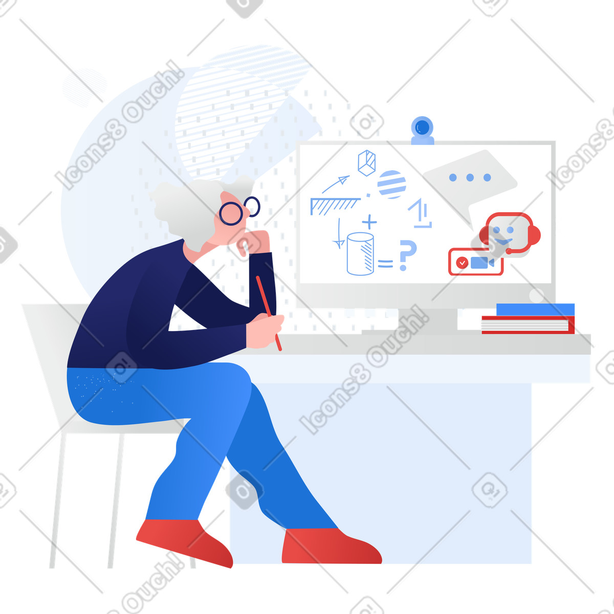 Illustration Senior studying online with virtual assistant, Lifelong education and self paced learning aux formats PNG et SVG