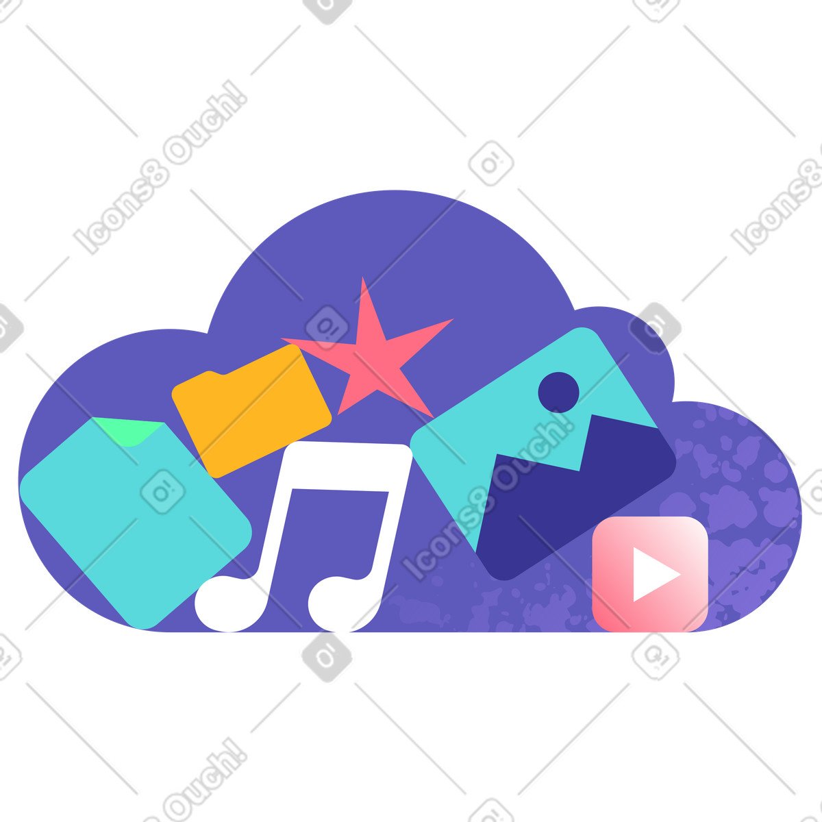 Cloud storage with music and image icons, Online file management sharing illustration in Bright style download in PNG, SVG