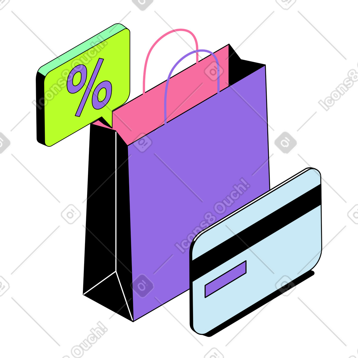Ilustração de Shopping bag, credit card and discount bubble, Price reduction or clearance em no estilo Project para baixar em PNG, SVG