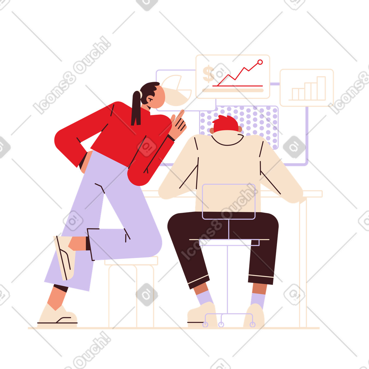 Folks スタイルの 男の子と女の子がグラフや図を分析する のイラストをPNG、SVG形式でダウンロード